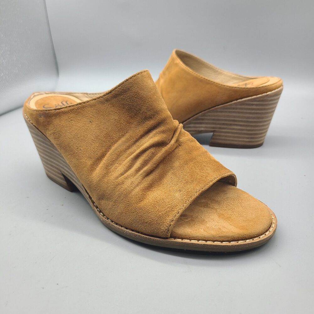 Sofft Strathmore Women Slide Sandals sz 8 Tan Leather Suede Wedge Heel Open Toe - Picture 2 of 12